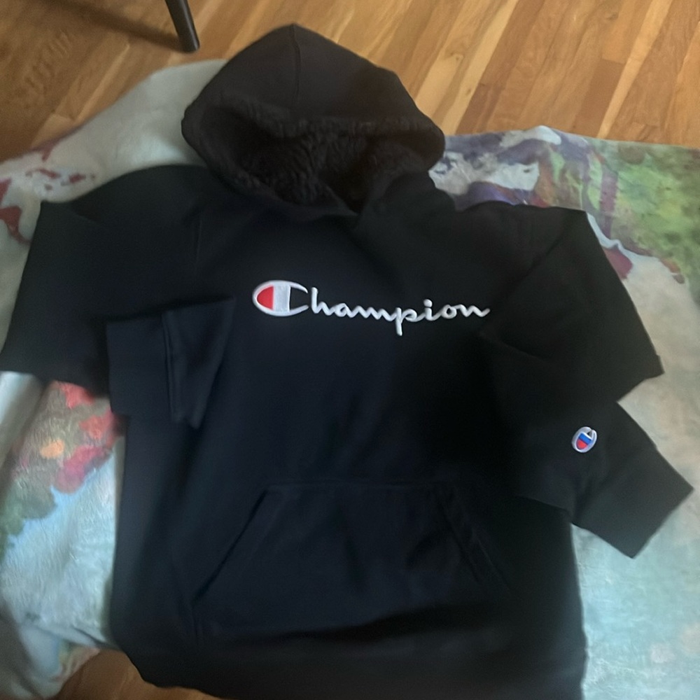 L boys Champion sweatshirt, worn 5x no holes or rips. Hood is lined with Sherpa